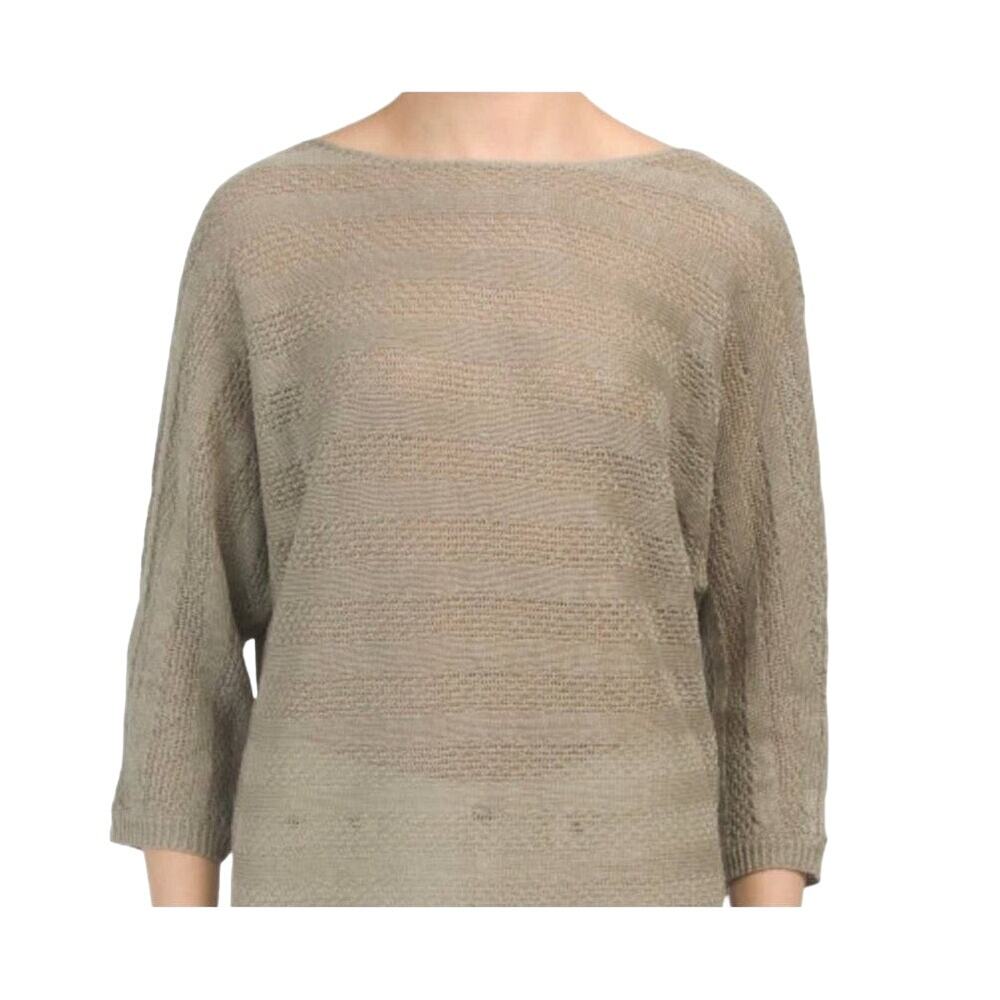 Tahari 100% Linen Tan Beige Sweater XS Preppy Cottage Minimalist Neutral Crochet